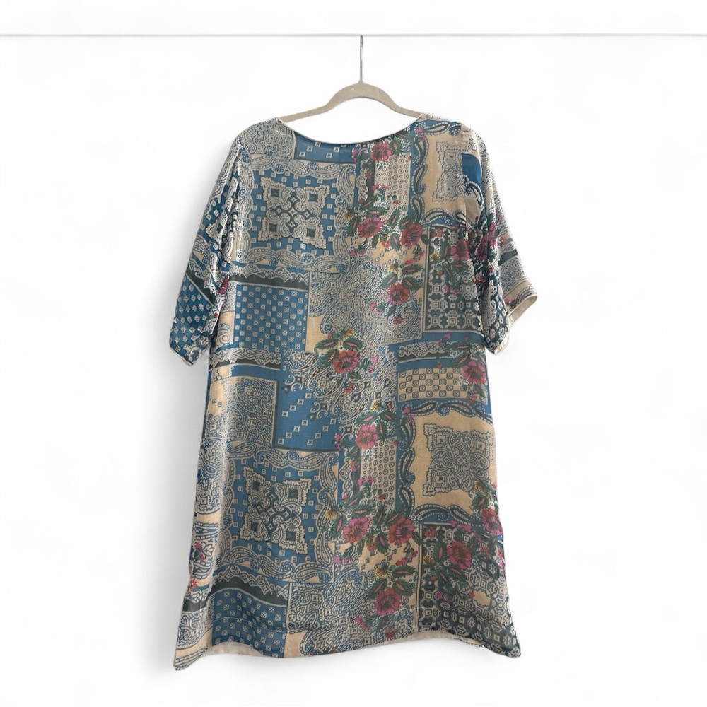 $290 Johnny Was Blue and Tan floral Patchwork burned velour silk  Tunic Dress S - Picture 8 of 13